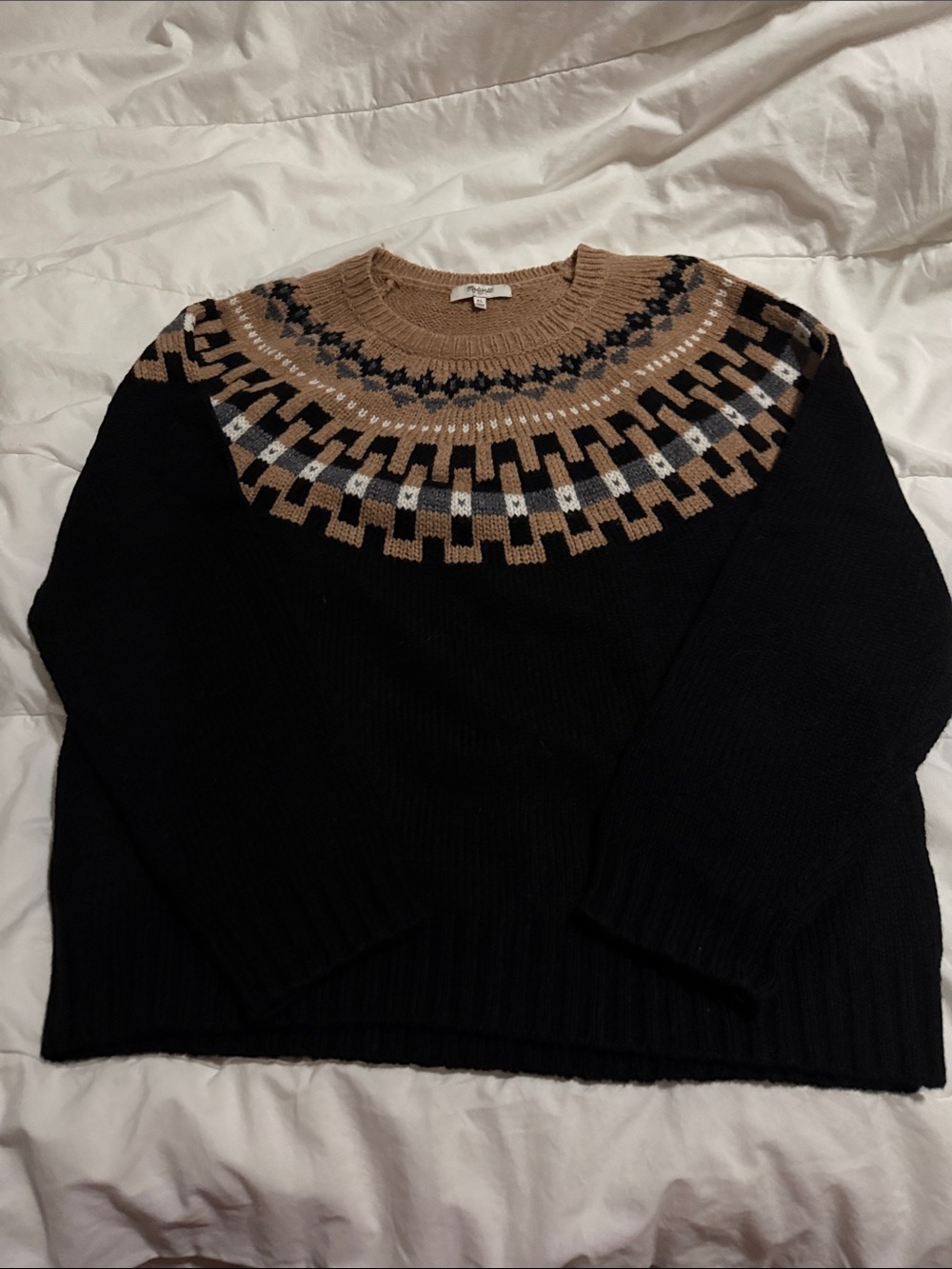 Madewell Wool-Blend Black Sweater with Tan Fair Isle Yoke